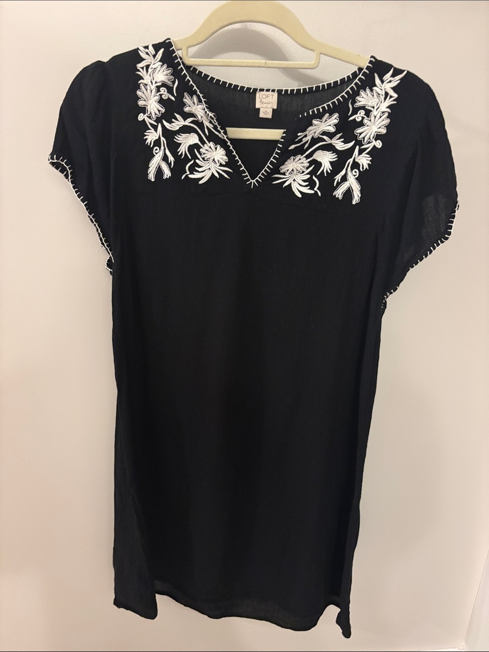 LOFT Beach Black Cover up with White Floral Embroidery